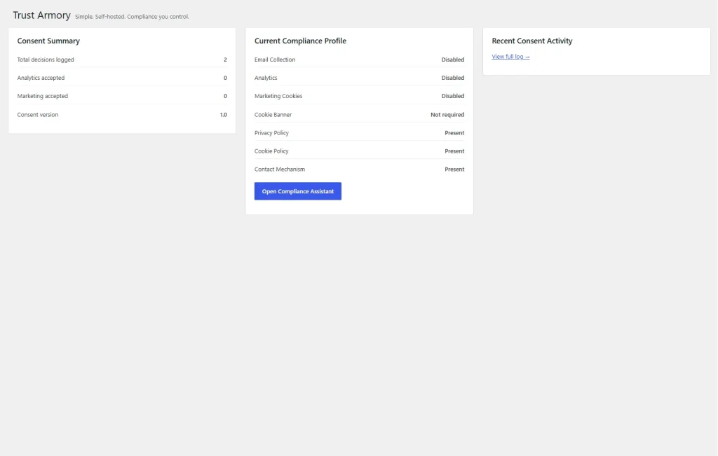 Early Trust Armory dashboard layout showing consent summaries and compliance status without navigation tabs.