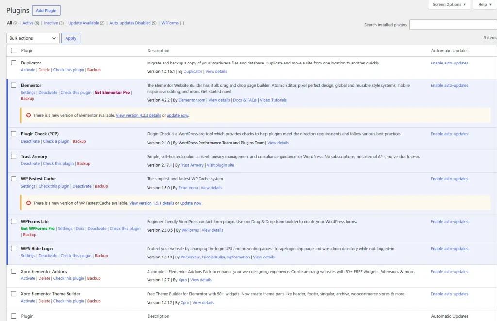 Early Trust Armory plugin backup feature integrated into the WordPress plugins screen.